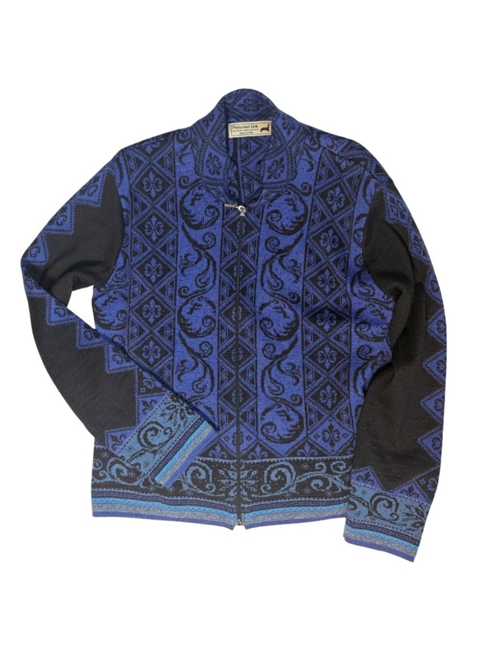 Peruvian Link Alpaca Cardigan Sweater Medium Blue Black Andean Geometric Pattern